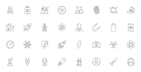 Nuclear icon set. Minimal vector symbols for radiatin, atomic energy, danger, nd science. Includes atom,rocket, biohazard, explosin, laboratory, and more.
