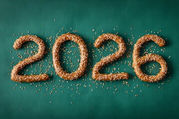 Sesame Pretzel Numbers Representing the Year 2026 on Green Background