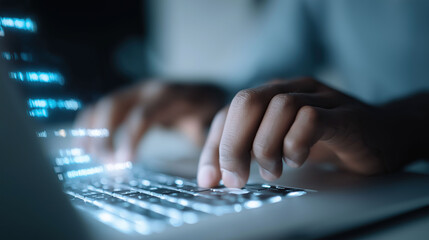 Professional hands actively type on illuminated computer keyboard during focused work.