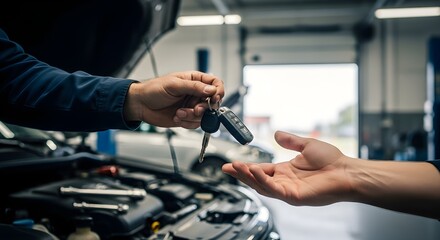 Auto Repair Service Completion: Mechanic Handing Car Keys to Customer in Vehicle Workshop