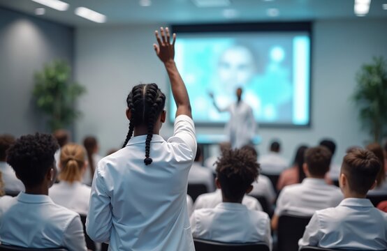 Young black woman raises hand in crowded conference hall. Audience listens to speaker on projector screen. People sit in rows wearing white shirts. Medical educational event taking place. Back view