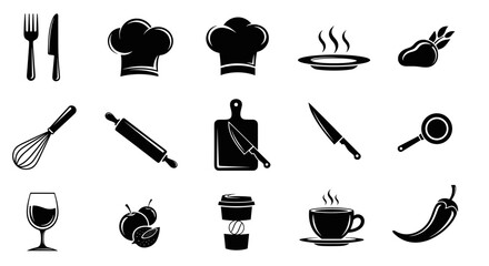 Culinary icons set for restaurant menus, recipe books, and foodie designs, originally vector