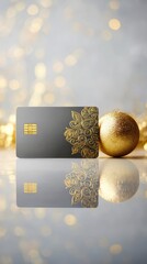 Elegant Credit Card with Golden Floral Design and Christmas Ornament