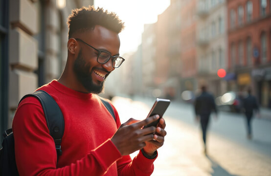 Smiling african american man uses smartphone typing message standing outdoors. Cheerful black guy wearing red sweater looks at phone screen in city street. Happy male model enjoys mobile tech.