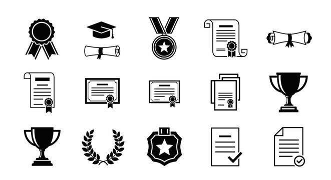 Academic achievements and graduation icons celebrate success, education, awards and recognition