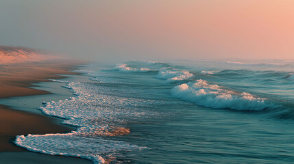 Turquoise ocean waves gently roll onto sandy shore during peaceful pastel sunset hours.