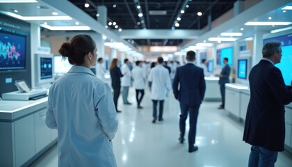 Doctors, scientists at medical conference view innovative equipment. People network in busy modern exhibition hall with digital screens. Professionals explore new healthcare tech, data at business