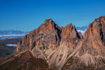 Naklejka premium Panoramic view from the Dolomite Terrace of the Langkofel Group massif in South Tyrol, Italy.