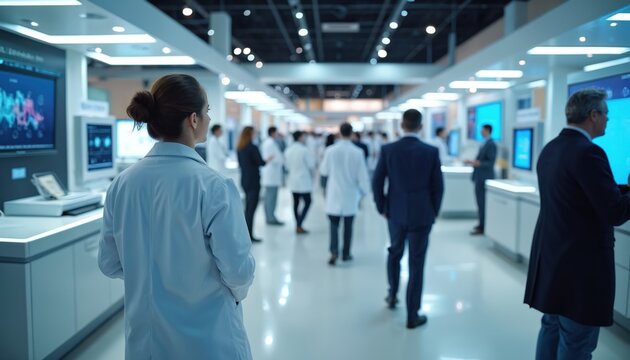 Doctors, scientists at medical conference view innovative equipment. People network in busy modern exhibition hall with digital screens. Professionals explore new healthcare tech, data at business - Powered by Adobe