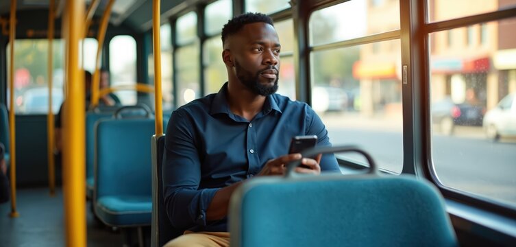 Pensive black man with smartphone rides city bus, looks out window. Thoughtful passenger on daily morning commute. Businessman travels using public transport, reflecting on career, future plans