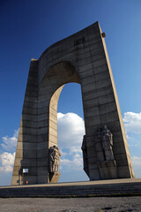 Arch of Freedom monument on the peak of Goraltepe near Beklemeto Pass in Balkan Mountains, Bulgaria