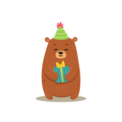 Cute cartoon bear with gift. Teddy bear in flat style for greeting card. Happy birthday. Vector illustration