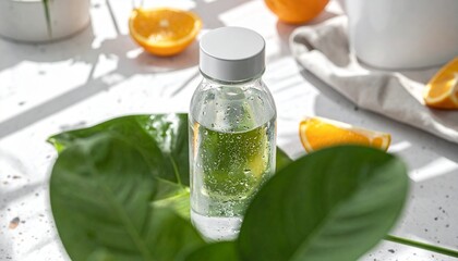 Obraz premium Vitamin C serum concept with a glass bottle, juicy oranges, and botanical leaves on a white background with hard shadows