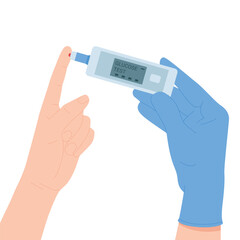 Glucose level, diabetic sugar test control. Hand in blue protective glove holding glucometer to check hypoglycemia or hyperglycemia in blood of patient by finger stick cartoon vector illustration