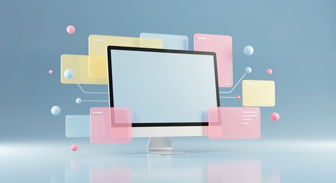 Computer monitor with abstract pastel shapes screen display spheres 3d render minimalist modern technology digital desktop device