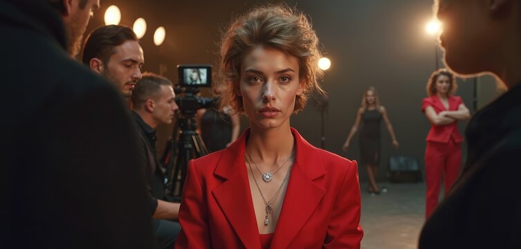 Female model posing at photoshoot in studio. Crew filming making videos. Red suit, fashion, beauty, style, elegance. Team working together preparing for filming. Creative industry.
