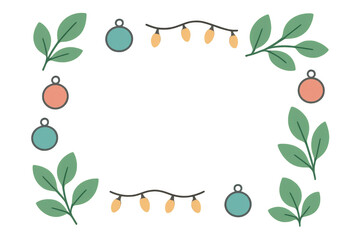 Obraz premium Christmas frame border creating a festive holiday seasonal decoration with leaves, ornaments, and string lights on transparent background