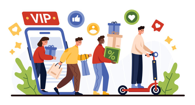 Loyalty program, incentive rewards and prizes for VIP client. Tiny people collect discounts and coupons, bonuses and gifts, customers walking from mobile phone screen cartoon vector illustration