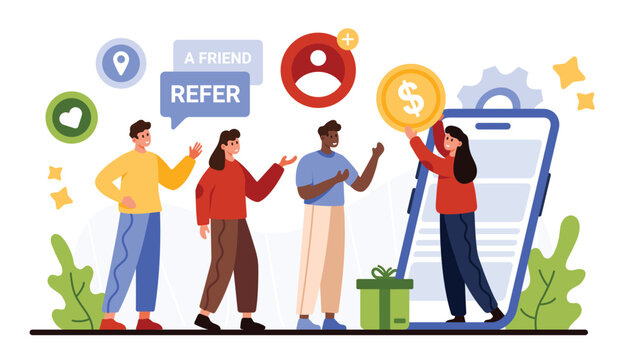 Loyalty program invite friend, bonus or cashback, discount offer. Tiny woman on mobile phone screen holding earnings coin to give rewards for group of referral people cartoon vector illustration
