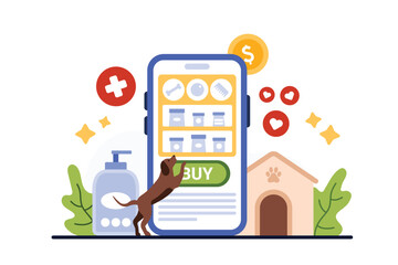 Online pet shop mobile app. Tiny dog selecting category on phone screen to buy veterinary goods and products, electronic order food, toys and grooming accessory for puppy cartoon vector illustration