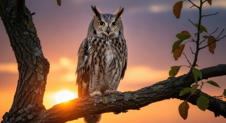Obraz premium Majestic Owl Perched on Branch Against Vivid Sunset Sky, Intense Gaze.