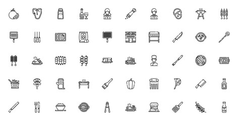 Grill Restaurant icon set. BBQ vector illustrations.Features symbols for steak skewer, chef, grill, sauc, meat, tools and more. Edtable stroke.