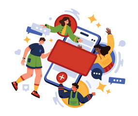 Marketing program, advertising to audience. Tiny people holding Add button and blank banner on mobile phone screen to promote product for interested customers interaction cartoon vector illustration