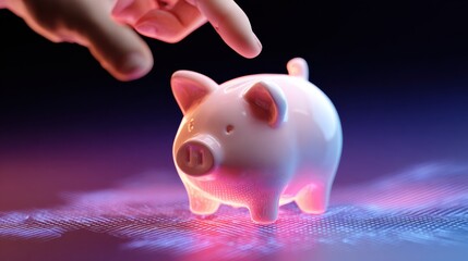 A hand gently reaches toward a glowing piggy bank, creating a vivid and engaging scene in a dark setting filled with colors.