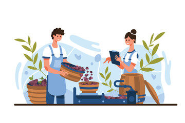 Wine production, stage of crushing grapes harvest in winemaking process. Tiny winemakers pouring red organic natural grape fruits into press machine from wooden basket cartoon vector illustration