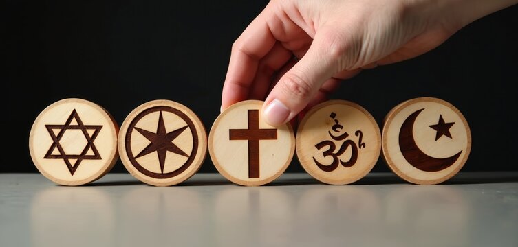 Hand placing wooden disc with Christian cross among symbols of different world religions. Star of David, eight-pointed star, Om mantra, crescent moon with star. Tolerance, faith, spirituality,