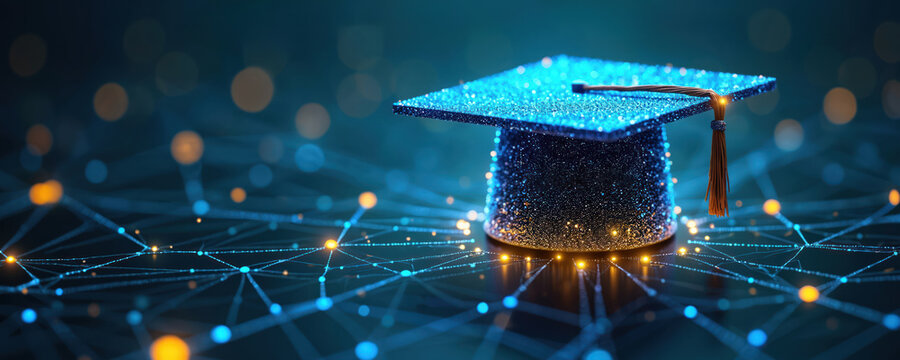 Blue graduation cap lies on network. Lines connect glowing dots. Tech illustration shows education, tech progress. Concept presents graduation ceremony in digital world, elearning, network academy,