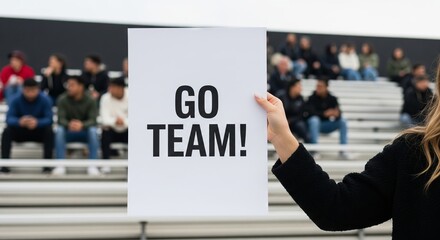 Enthusiastic sports fan holding go team sign at a crowded stadium on game day. concept of support, team spirit, excitement in sports, cheering enthusiastically for a favorite team