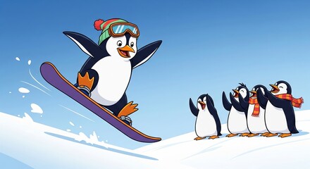 Animated penguin snowboarding adventure with penguin friends on a winter mountainside. concept of fun winter sports, playful cartoon penguins, and exciting cold weather activity