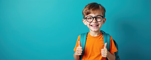 Happy young boy wearing glasses and backpack gives two thumbs up against a teal background. He is excited for school and learning new things this academic year.