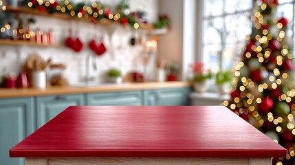 Red table with a Christmas tree in the background. The table is empty and the tree is decorated with lights and ornaments