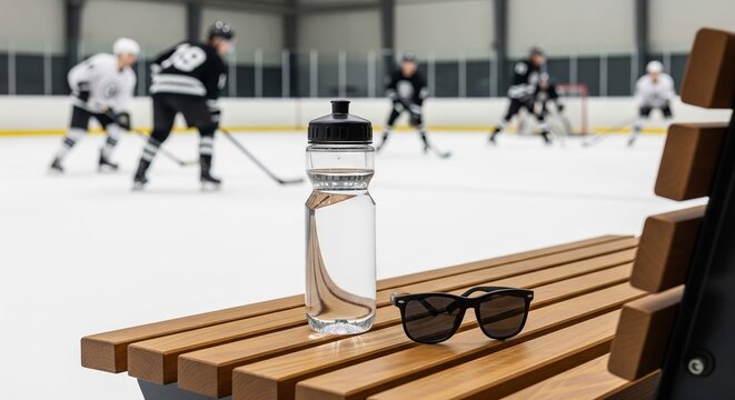 Ice hockey players on rink with bottle and sunglasses on bench. concept of sports, hydration, team game, ice arena atmosphere, active lifestyle