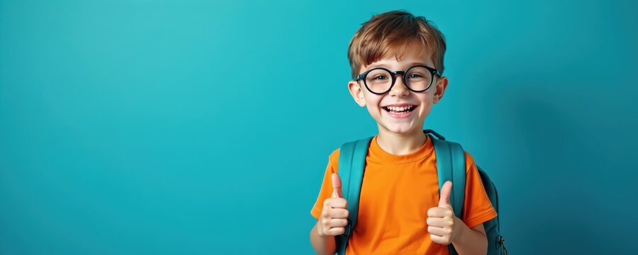 Happy young boy wearing glasses and backpack gives two thumbs up against a teal background. He is excited for school and learning new things this academic year.