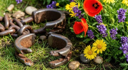 Broken Shackles Amidst Vibrant Spring Flowers Symbolizing Freedom and Resilience.