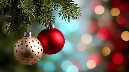 Christmas tree with two red and gold ornaments hanging from the branches. The tree is surrounded by a blue and red background