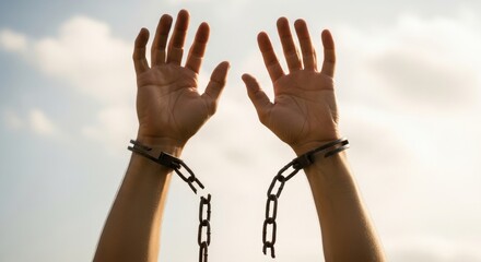 Broken Chains - Hands Raised in Freedom Against a Cloudy Sky.