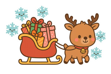 Obraz premium Reindeer pulling a sleigh full of christmas presents during winter, surrounded by snowflakes, transparent background
