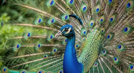Close-up of Majestic Peacock with Fanned Iridescent Tail Feathers and Vibrant Blue Plumage.