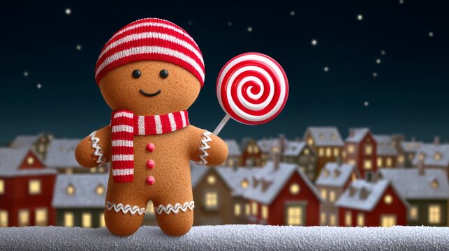 Gingerbread man is holding a red and white lollipop. The scene is set in a snowy town with houses in the background. The image conveys a festive and joyful mood