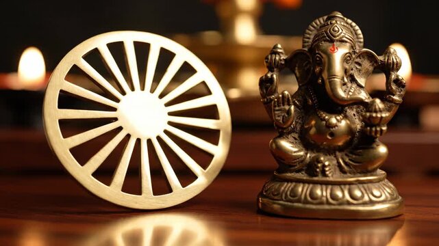 Close-up of a golden Dharma Chakra and a Ganesha idol, symbolizing peace and prosperity in Indian culture.