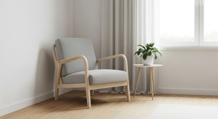 Minimalist living room with wooden chair, side table, and indoor plant in bright light