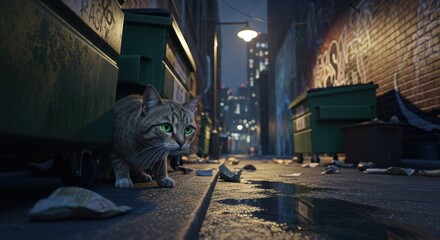 Curious Kitten Explores Dark, Rainy Alleyway with City Lights in Background.