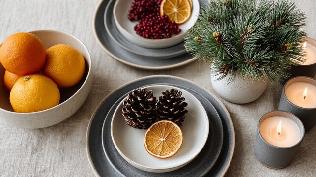 Table with a variety of dishes and fruit, including oranges and pine cones. The table setting is festive and inviting, with candles and fruit as the main elements
