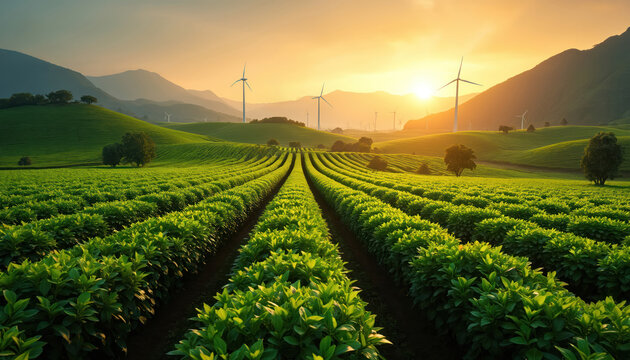 Scenic photo shows green cultivated fields with wind turbines. Renewable energy tech provides sustainable power. Sun illuminates agriculture landscape with crops at sunset.
