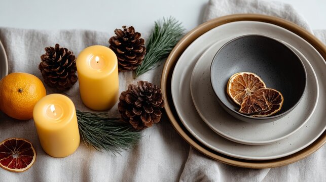 Table with a white tablecloth and a candle on it. There are oranges and pine cones on the table