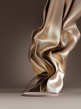 3D display podium brown background. Luxury flying cloth in motion. Glamour minimal gold pedestal for beauty, cosmetic product presentation. Feminine copy space, dark, brown template, studio 3d render
